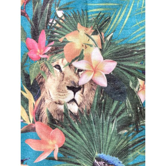 Jungle Animal Polo Shirt Mens 2XL AOP Teal Flowers Hawaiian - Picture 2 of 9